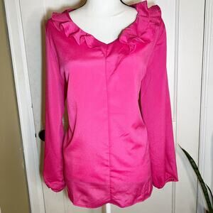 NWT Beautiful Long Sleeve Pink Sheer Blouse with Ruffled Collar Size Small